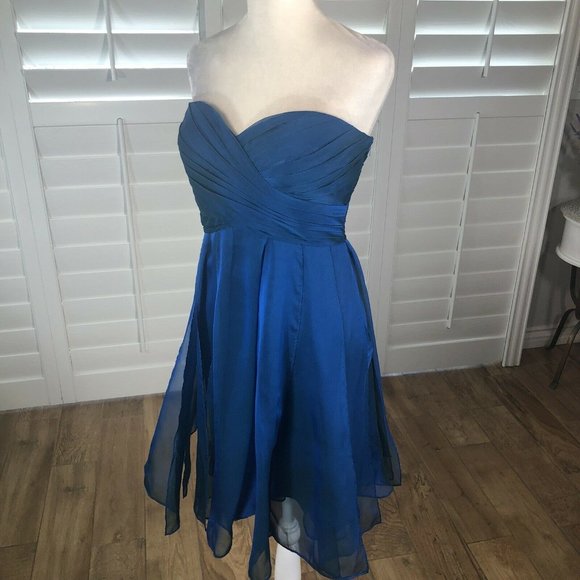 La Femme Strapless Cocktail Dress BlueTurquoise Iridescent Mini 8 Chiffon Panels - Picture 10 of 13